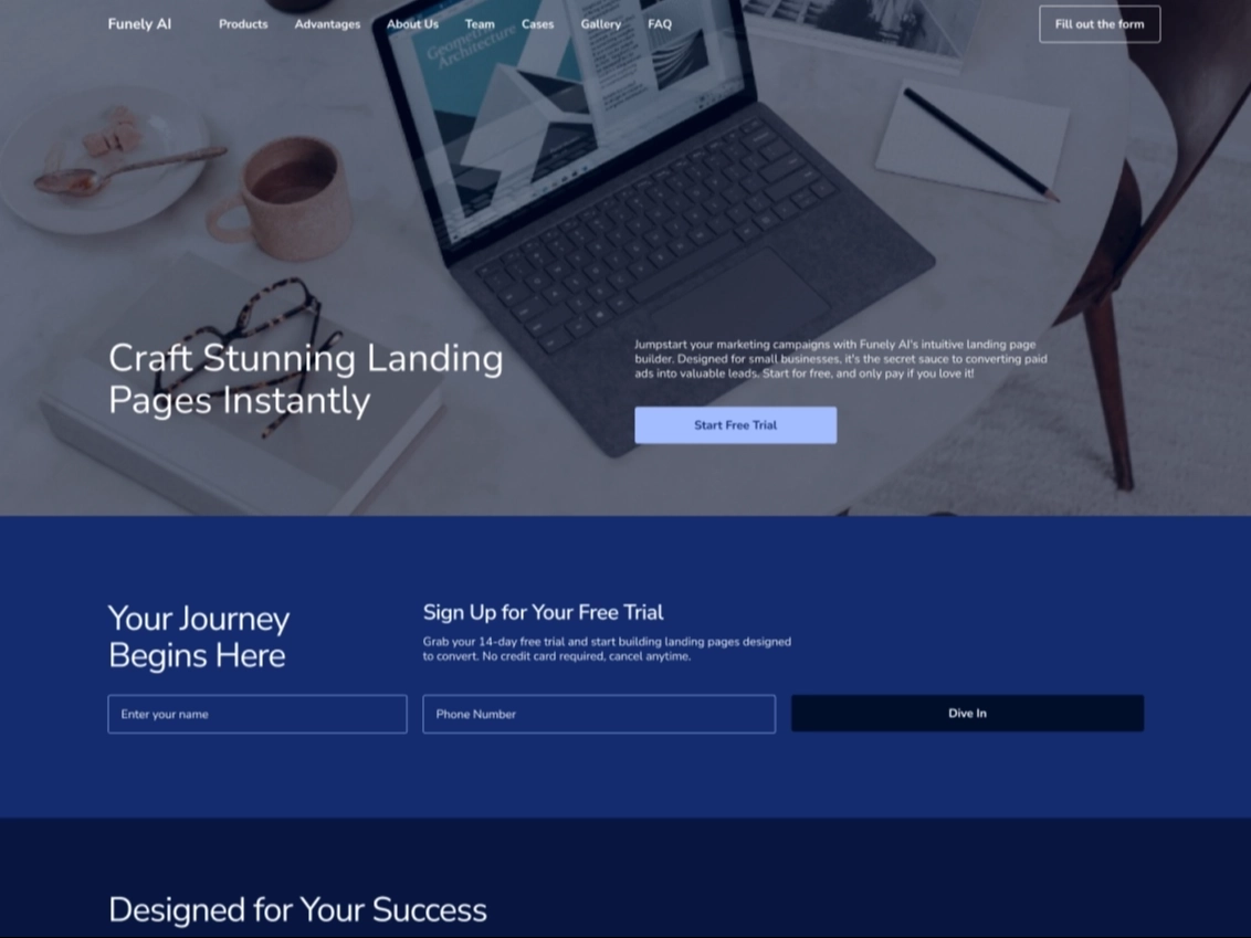 A collection of images showcasing Funely AI's landing pages, behind-the-scenes shots, and author stories.